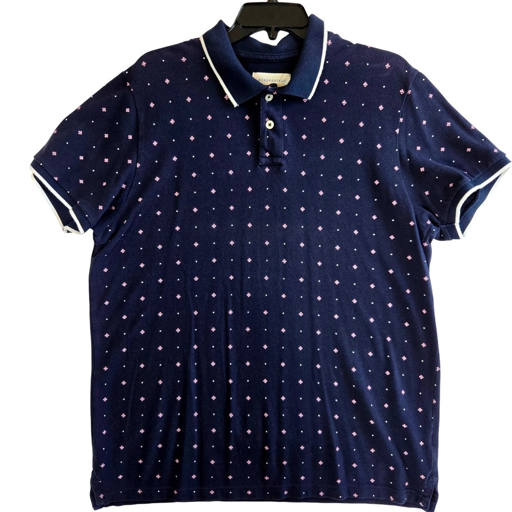 Aeropostale Mens XL Navy Blue Short Sleeve Polo Shirt Geo Diamond Dot Pique‎ - Picture 4 of 8